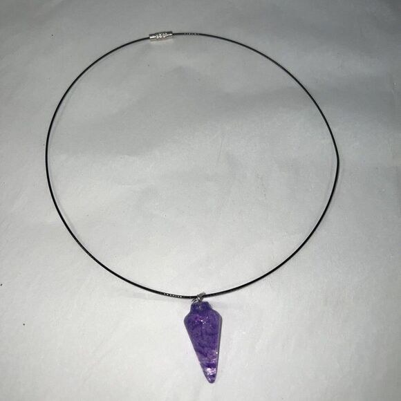 Purple Crystal Quartz Point Pendulum Necklace, Set On 18” Black Wire - Picture 3 of 6